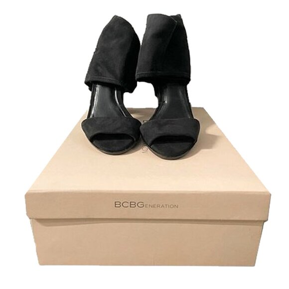 bcbgeneration | black faux suede open toe ankle bootie slingback block heels - Picture 3 of 3
